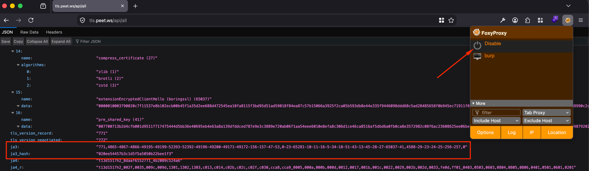 Screenshot of tls.peet.ws/api/all loaded directly in Firefox with no proxy, showing the real ja3 and ja3_hash values