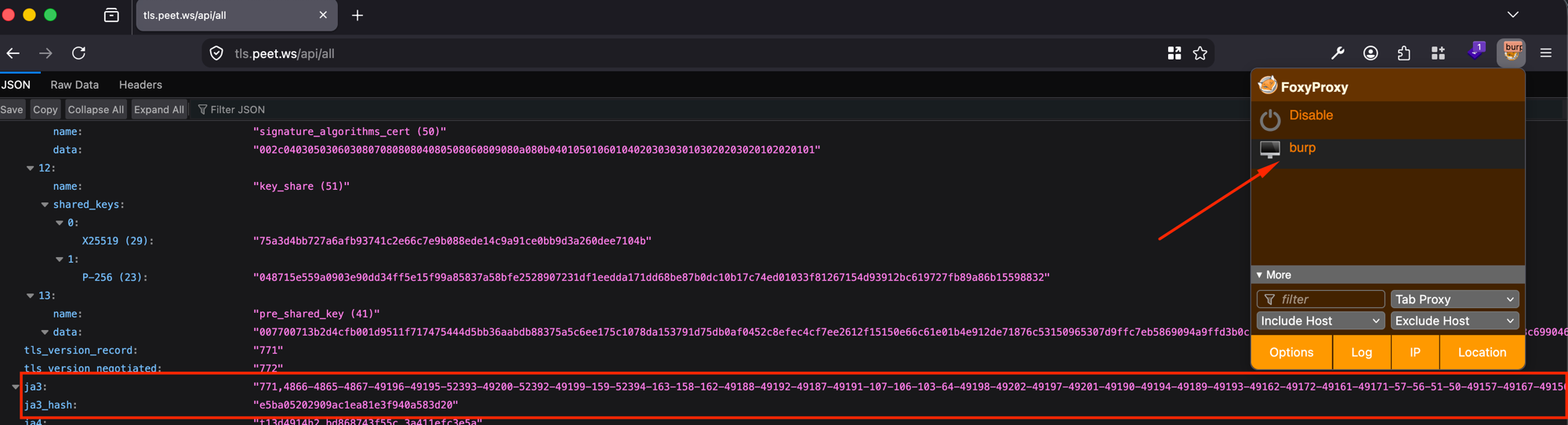 Screenshot of tls.peet.ws/api/all loaded through Burp Suite with no bypass extension installed, showing a much longer cipher suite list and a completely different ja3 and ja3_hash