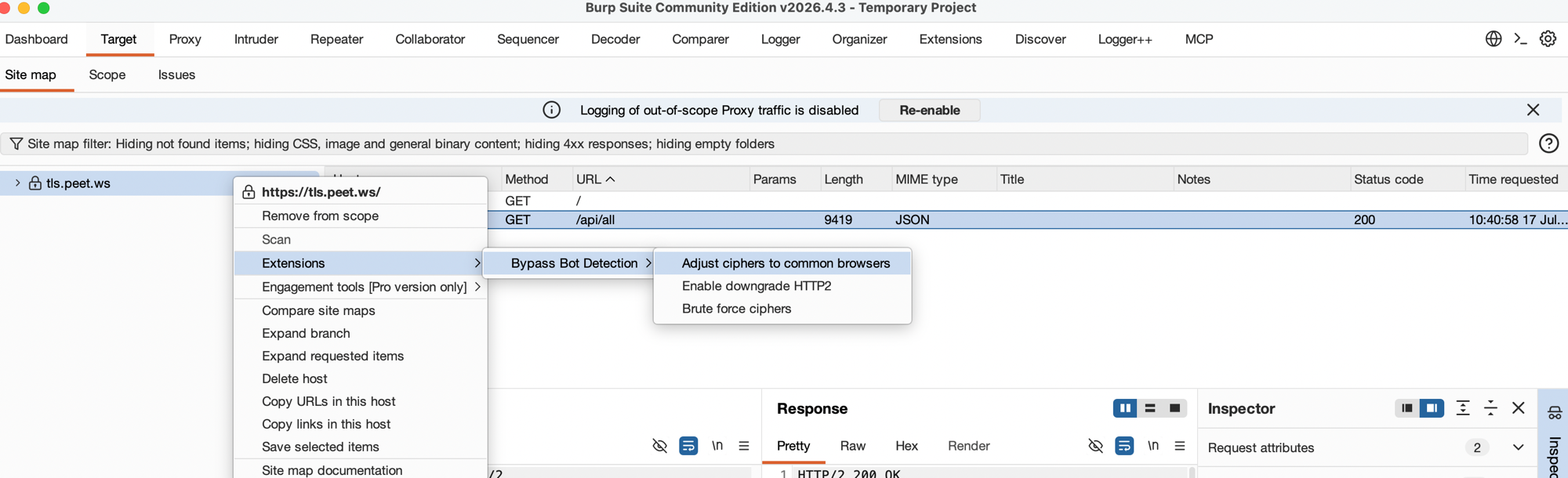 Burp Suite right click context menu on a host in Target scope, showing Extensions, Bypass Bot Detection, and the three available actions: Adjust ciphers to common browsers, Enable downgrade HTTP2, Brute force ciphers