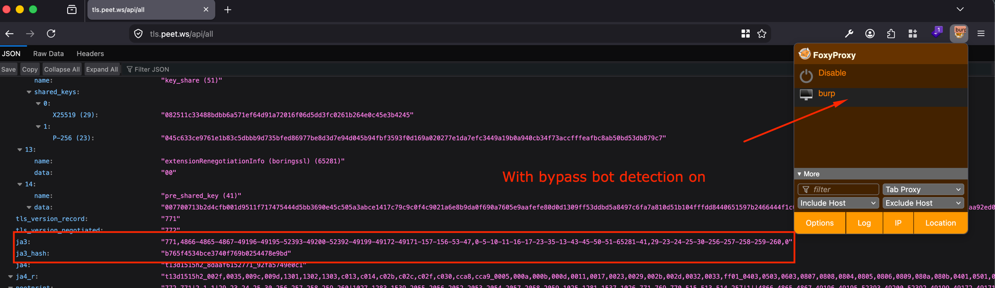Screenshot of tls.peet.ws/api/all loaded through Burp with the Adjust ciphers to common browsers action applied, showing a much shorter cipher suite list and a new ja3 and ja3_hash
